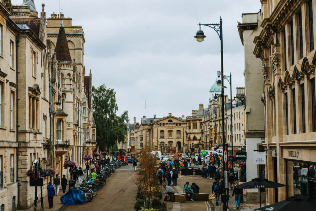 A view of present-day Broad Street in Oxford in the United Kingdom.