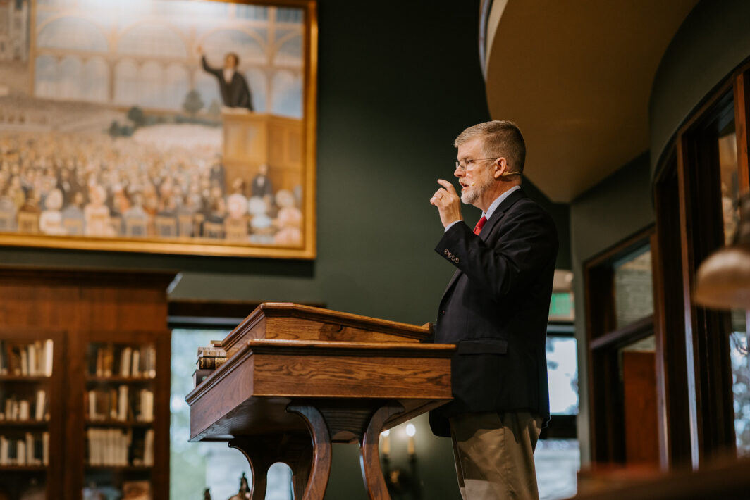 Dr. Thomas Kidd delivering a lecture at the 2025 Spurgeon Library Conference
